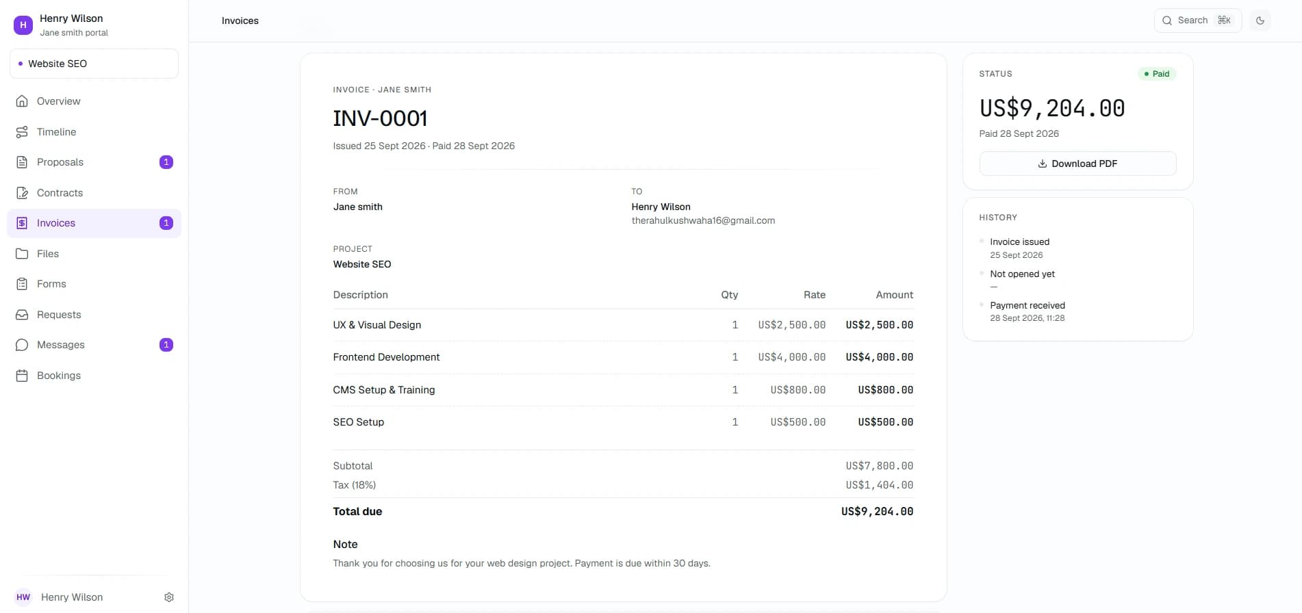 Paid invoice in the Kwill client portal showing a Paid status, payment received confirmation, and the invoice history