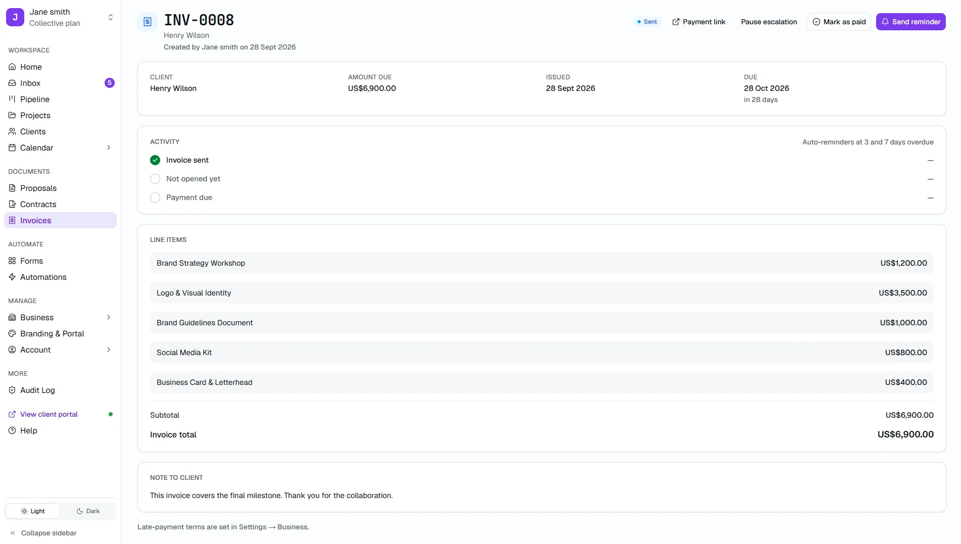 Sent invoice in the Kwill client portal showing a Sent status, amount due, line items, and a history of when it was issued and opened