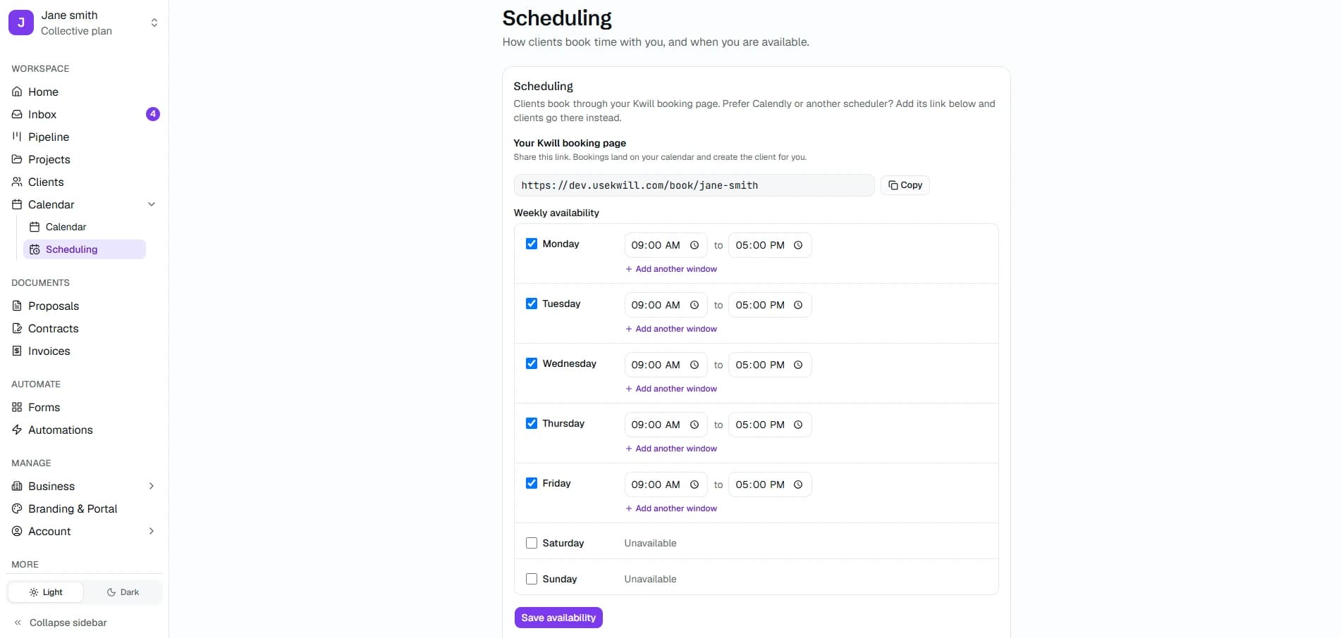 Kwill scheduling settings with a booking URL field, button label, and shareable booking page link