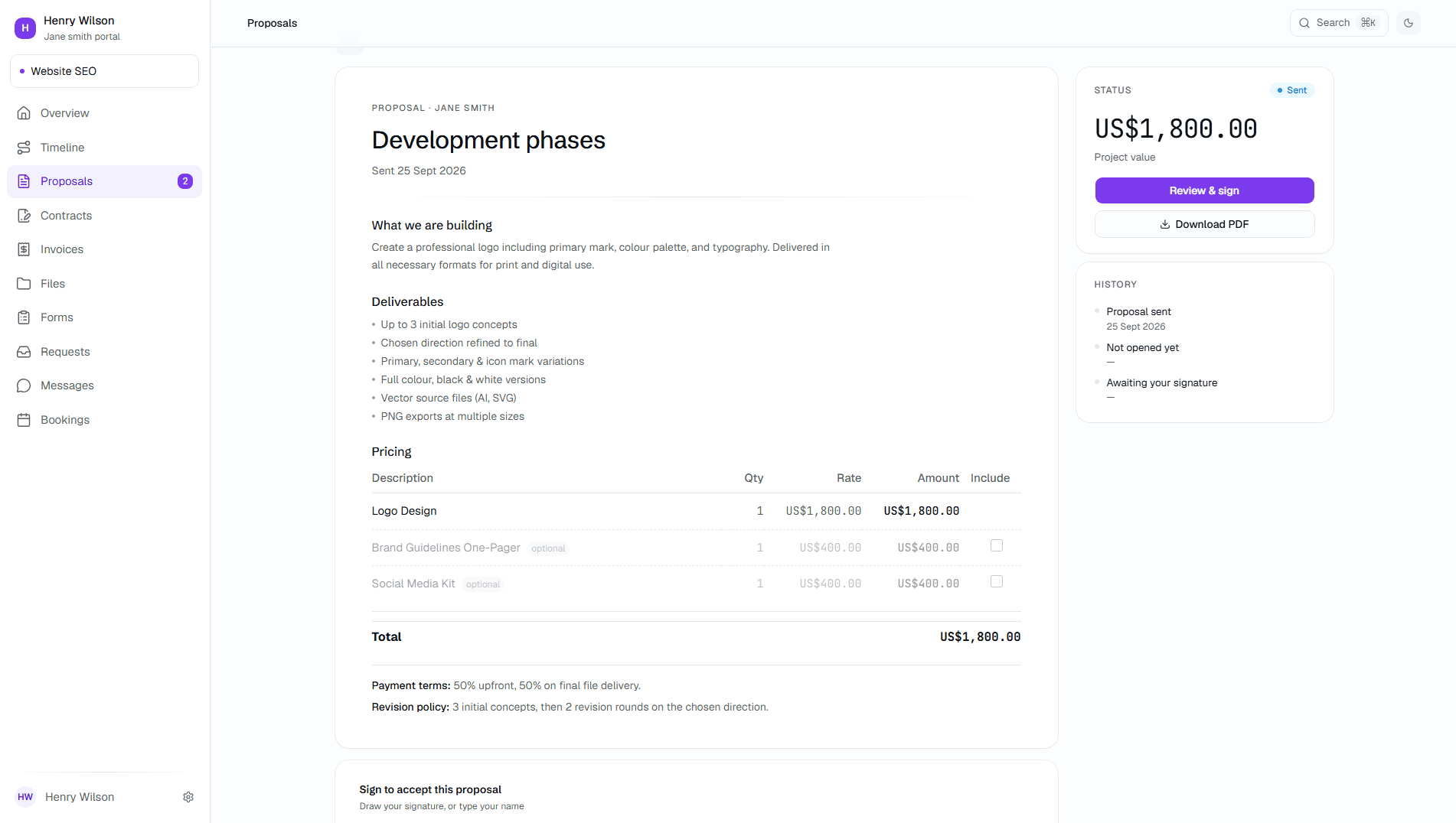 Kwill proposal detail showing scope of work, deliverables, pricing table, and sent status