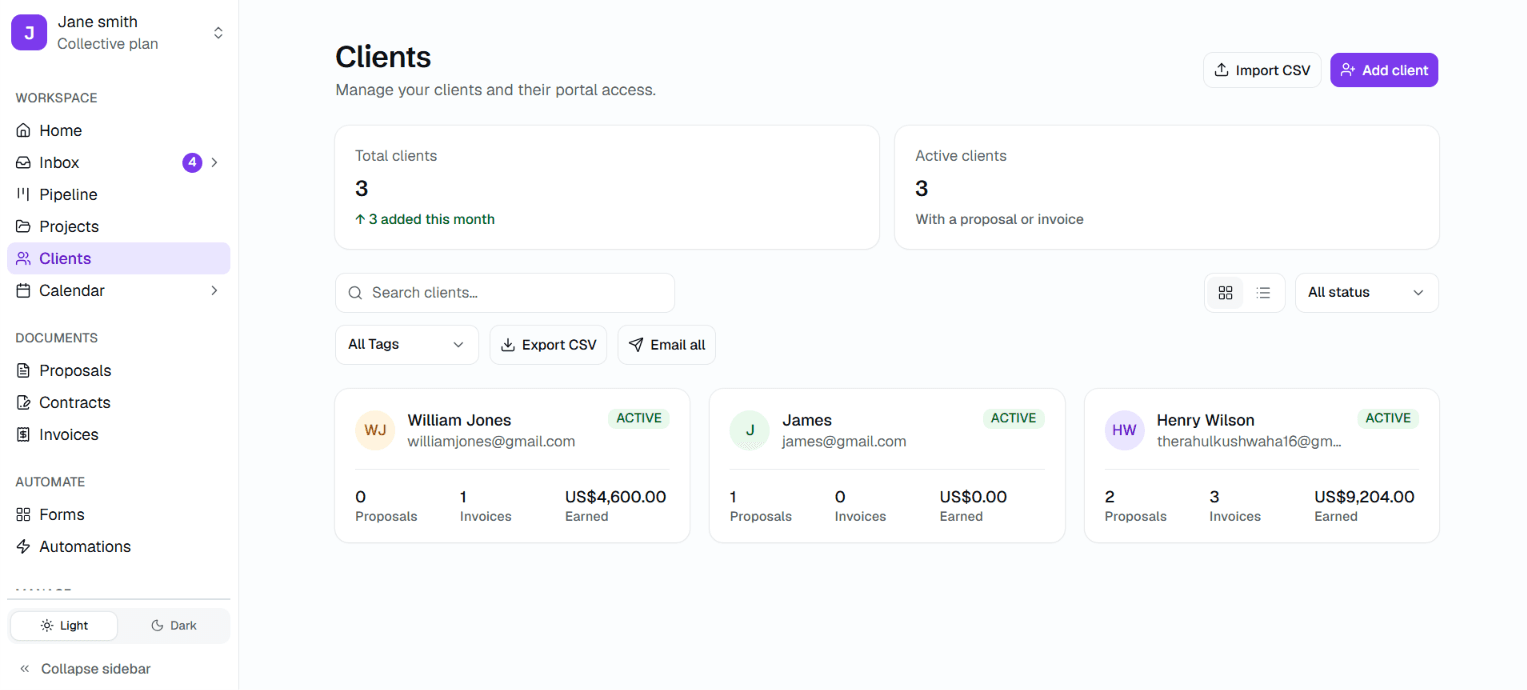 Kwill clients overview showing client list, active projects, and stage statuses