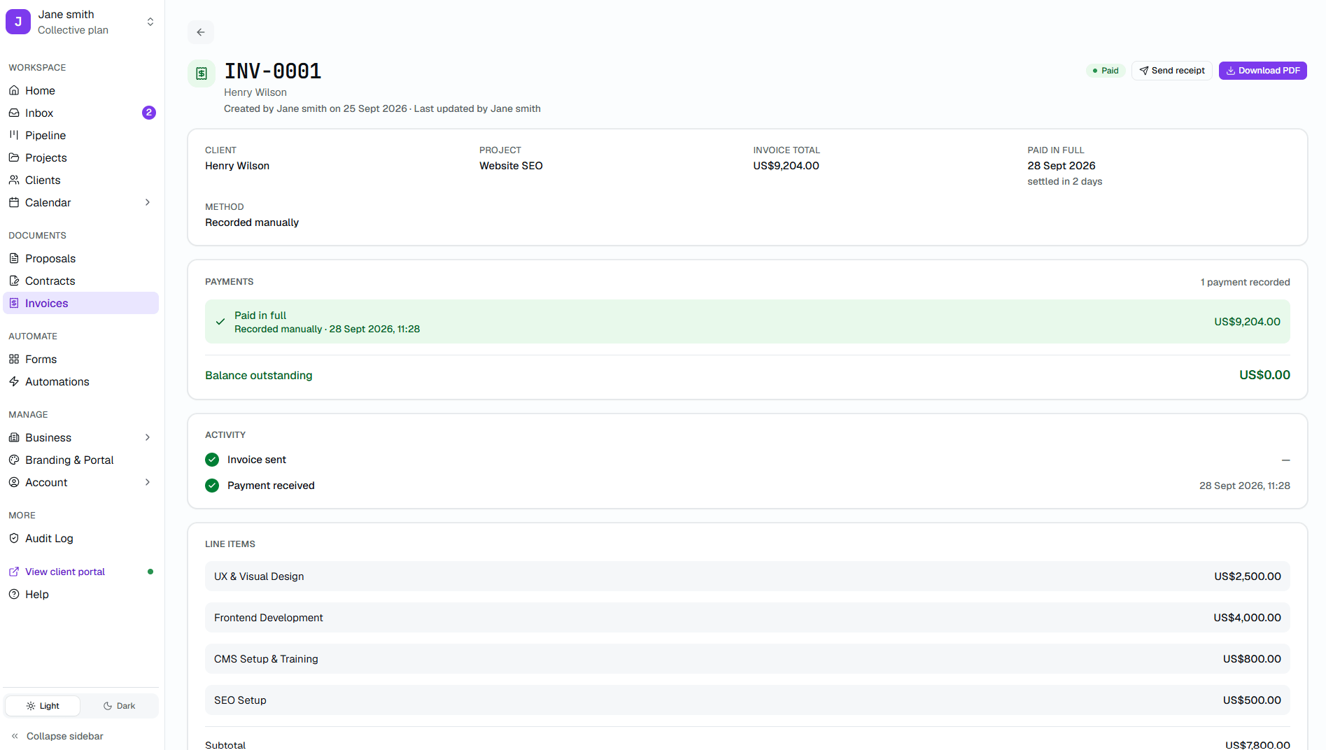 Kwill paid invoice showing payment confirmation, line items, and zero balance outstanding