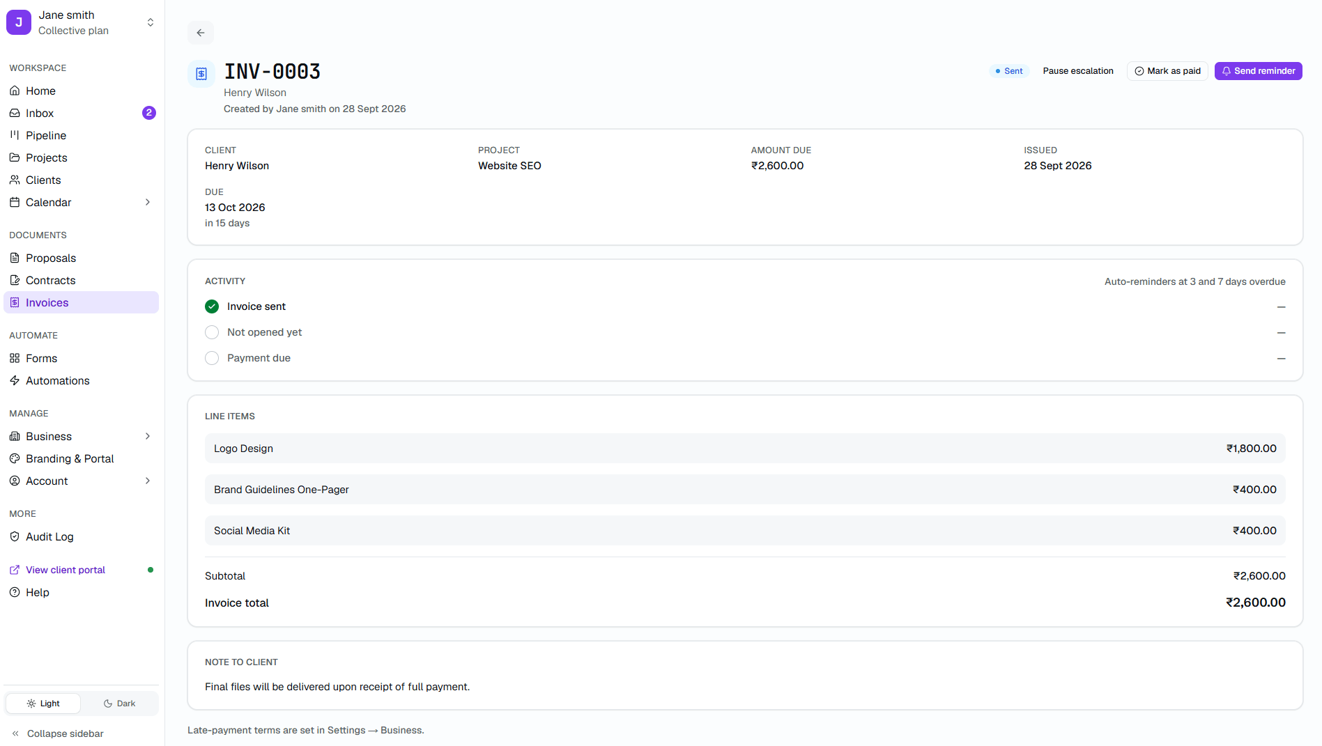 Kwill invoice showing line items, amount due, activity timeline, and payment link