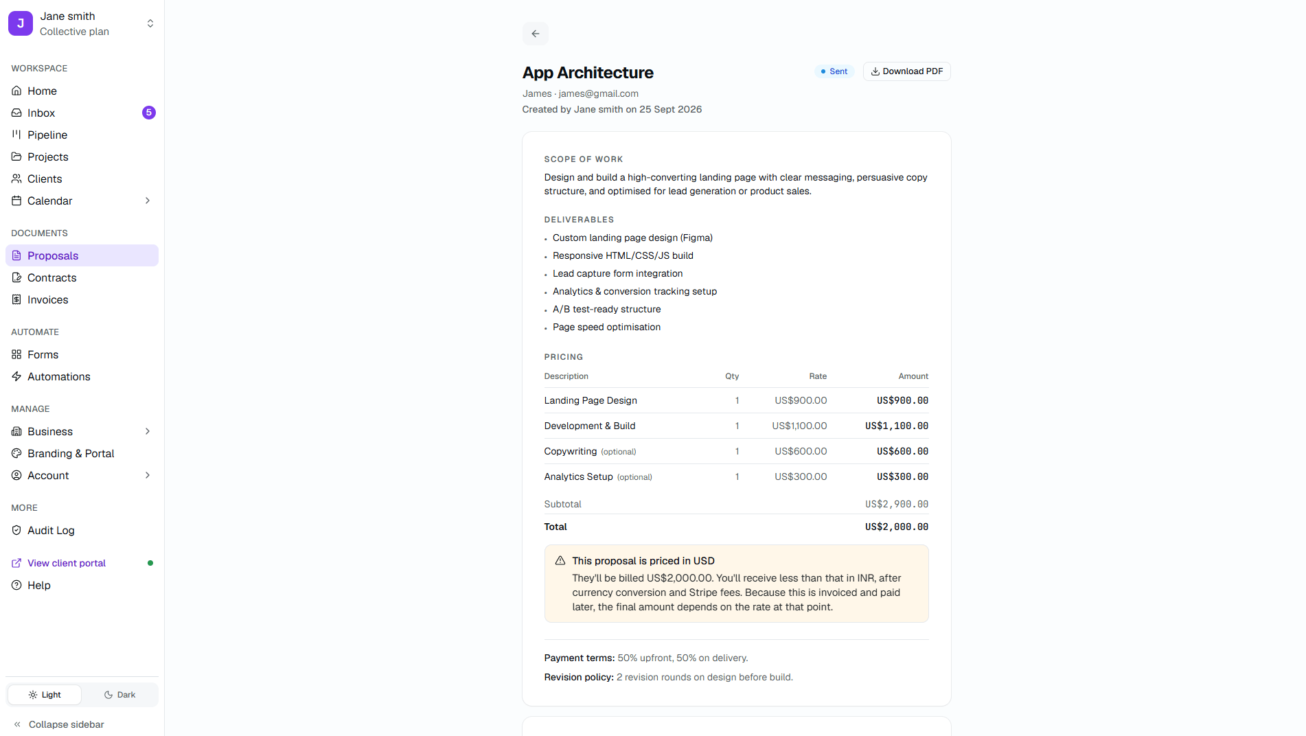 Kwill proposal detail showing scope of work, deliverables, pricing table, and sent status