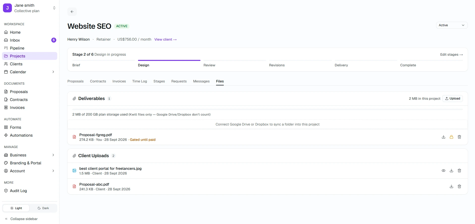 Kwill freelancer project files screen showing file uploads and payment-gated access control