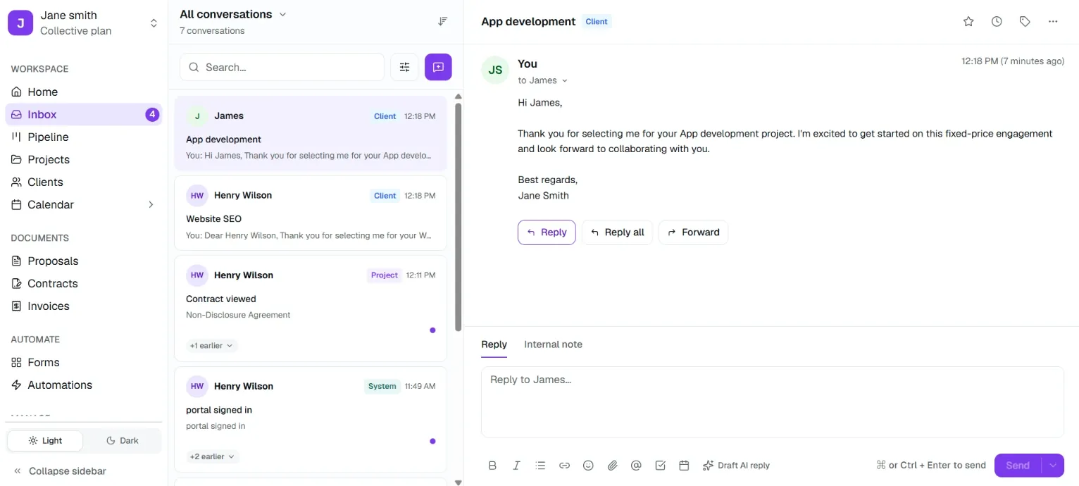 Kwill inbox showing client conversations for proposals, contracts, and project activity
